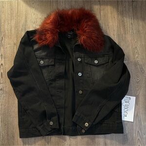Black Denim Jacket with Red Faux Fur Collar